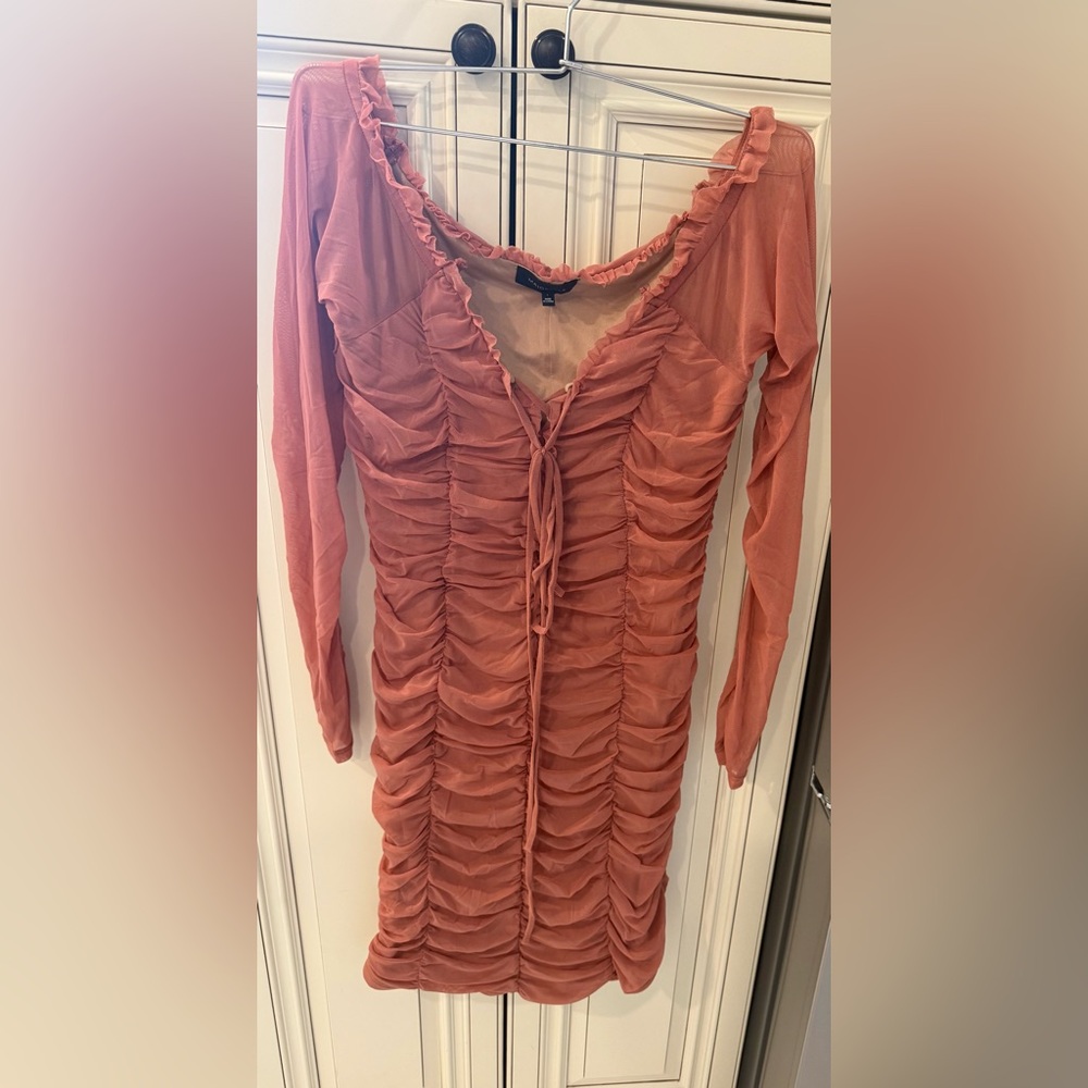 MAJORELLE Long Sleeve Ruched Coral Dress